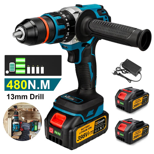 Cordless 13mm brushless hammer drill with blue/black body and ergonomic side handle
