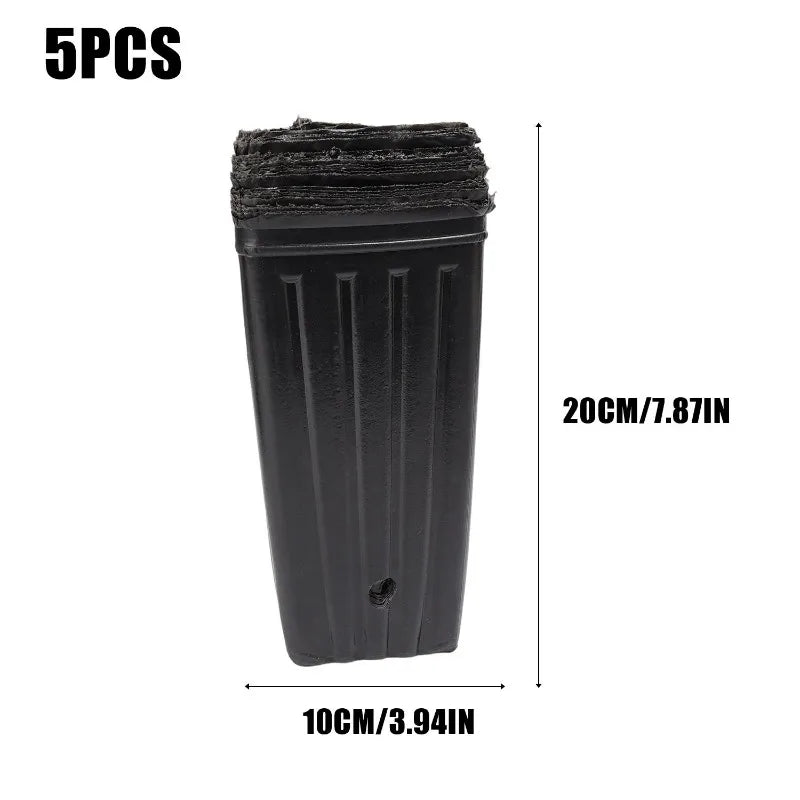 Set of 5 black plastic nursery pots, 20cm x 10cm, drainage hole bottom