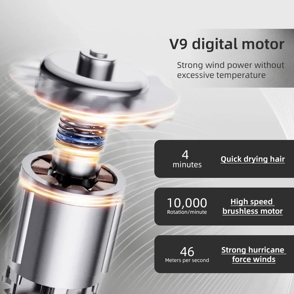 V9 digital brushless motor for 2026 professional leafless hair dryer, featuring high-speed 10,000 RPM quick drying.