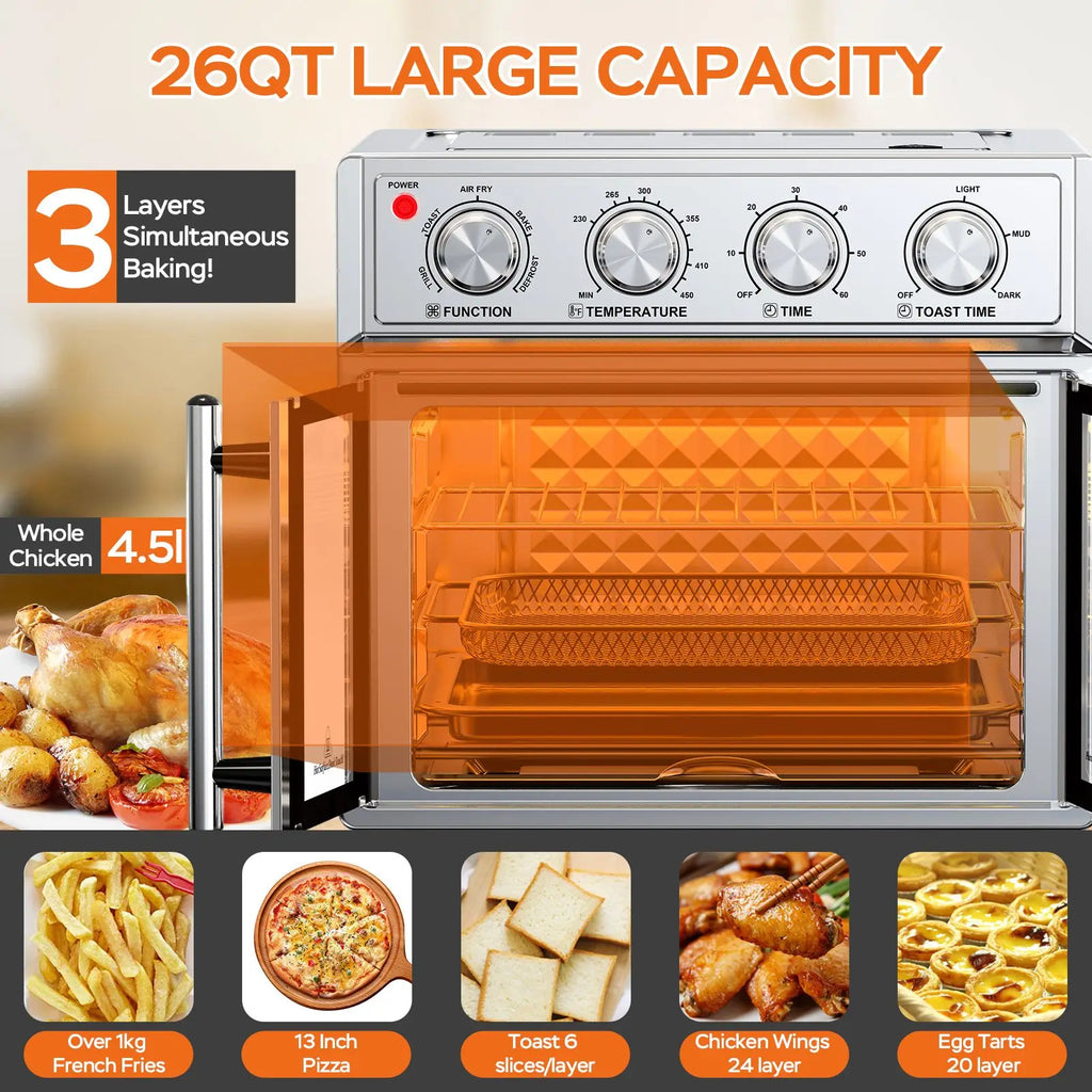 29.5 QT French Door Air Fryer Convection Toaster Oven, Extra Large 6 Slices, 1700W, Multifunction Oven for Air Fryer, Toast, Grill, Defrost, Bake, Time and Temperature Controls, Silver