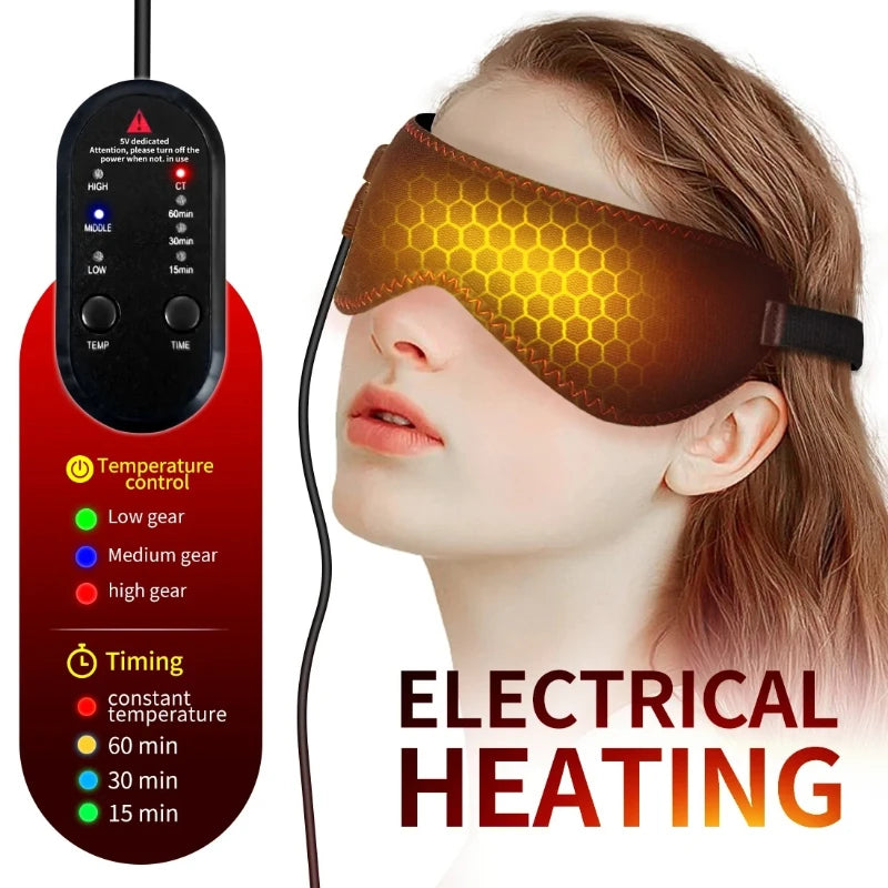 A woman wearing a brown, honeycomb-patterned heated eye mask with an attached black wired temperature control remote.