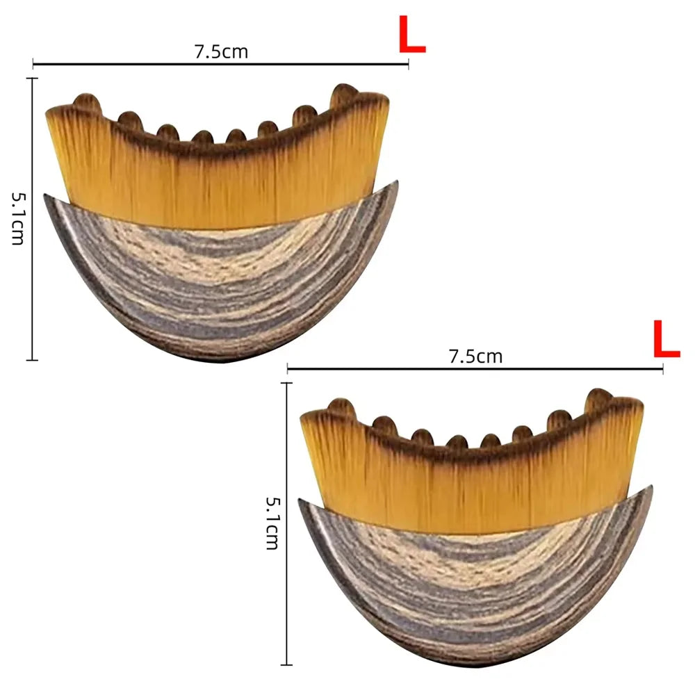Two crescent-shaped face sculpting brushes with wood-grain handles and dense, golden-brown bristles, sized 7.5x5.1cm.