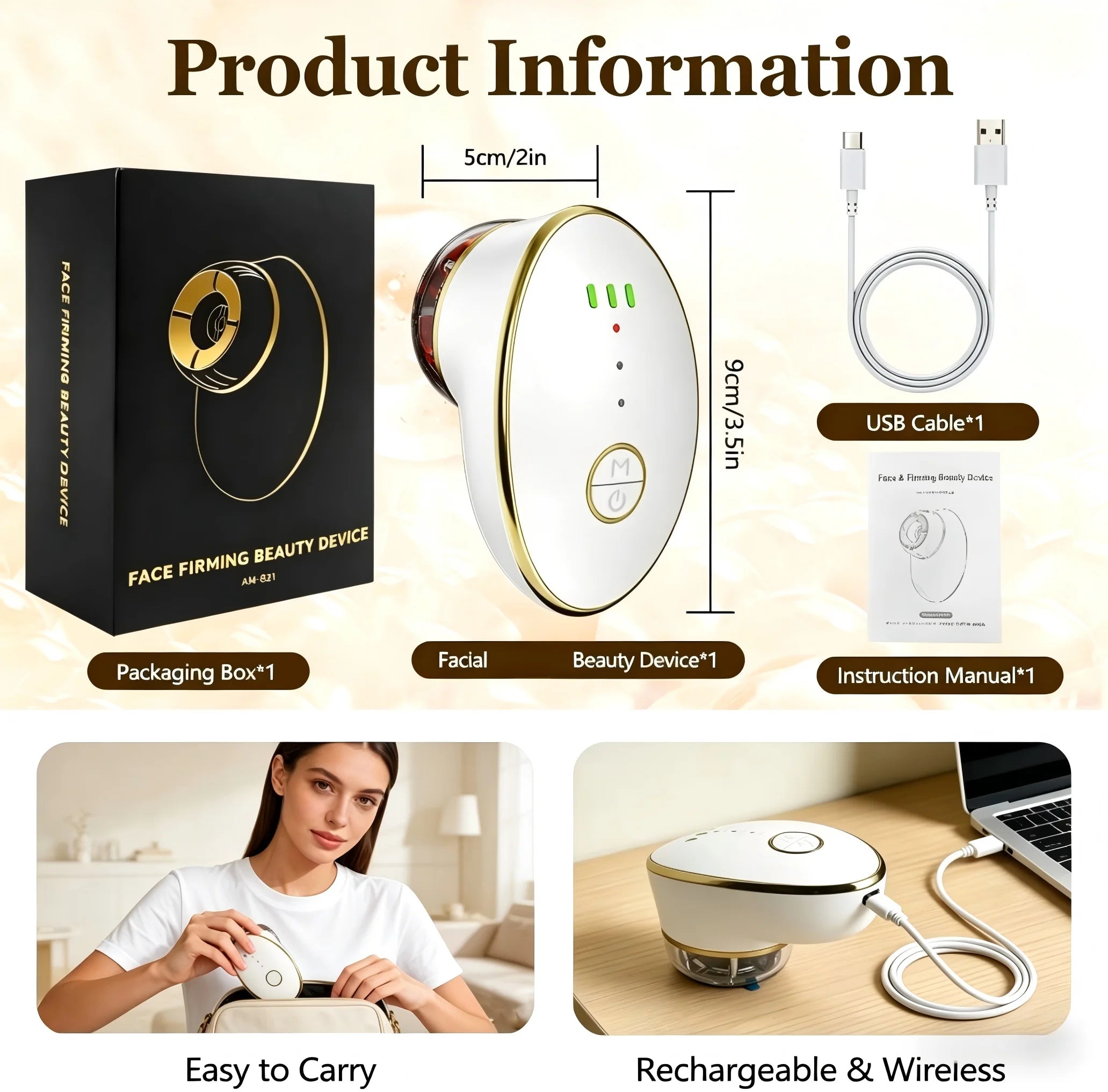 Oval white and gold facial firming device with USB cable, manual, and box. Includes 9x5cm measurements and use case.