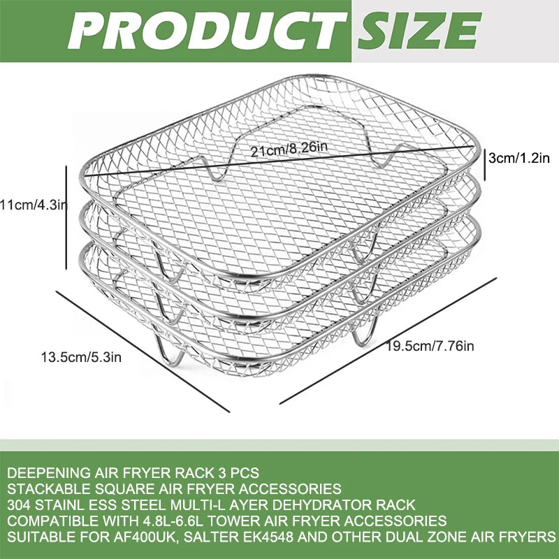 Stackable stainless steel air fryer rack, 3-tier wire grate tray