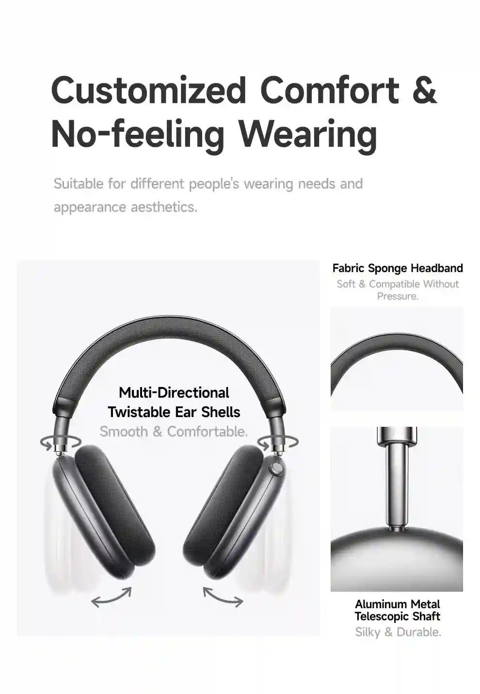 Wireless Headphones with 52dB Active Noise Cancelling & Spatial Audio Tidesmit