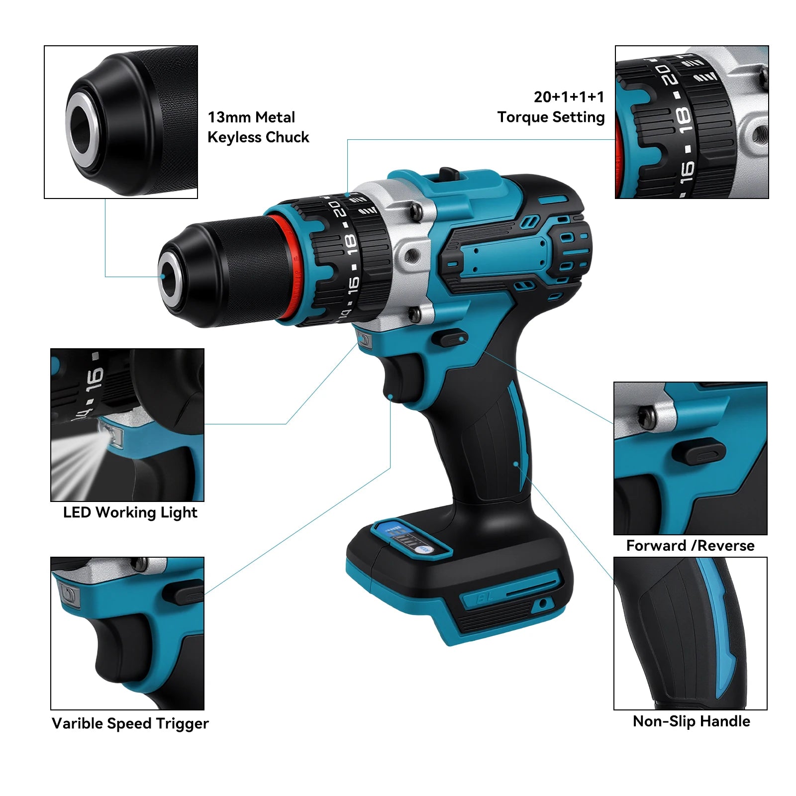 Podofo Brushless Electric Screwdriver Cordless Impact Drill Multi Function Power Drill 3 In 1 Hammer Drill Screwdriver Flat Drill 20+3 Torque For Steel Wood Concrete Drilling