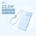 Light blue 10000mAh portable power bank with a built-in USB-C cable, digital display, and side USB ports.
