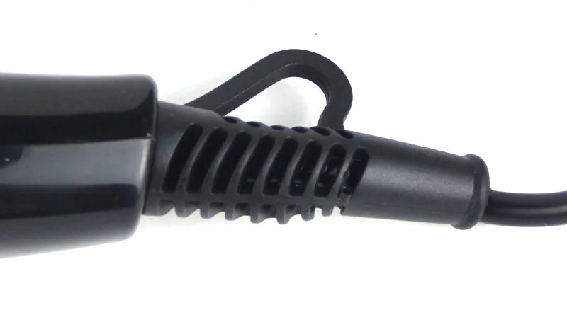 Black professional hair dryer base with durable cord strain relief and integrated hanging loop for salon storage.