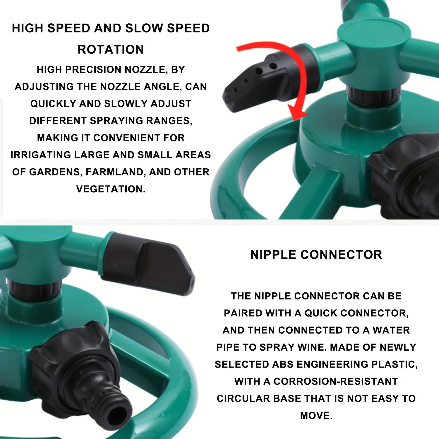 Green rotating sprinkler head with adjustable nozzle and quick-connect nipple connector