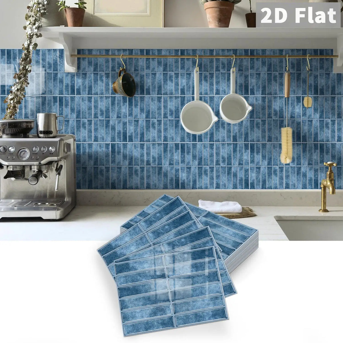 Self-adhesive tile decals, 2D flat grid sheet in medium blue with grout line pattern