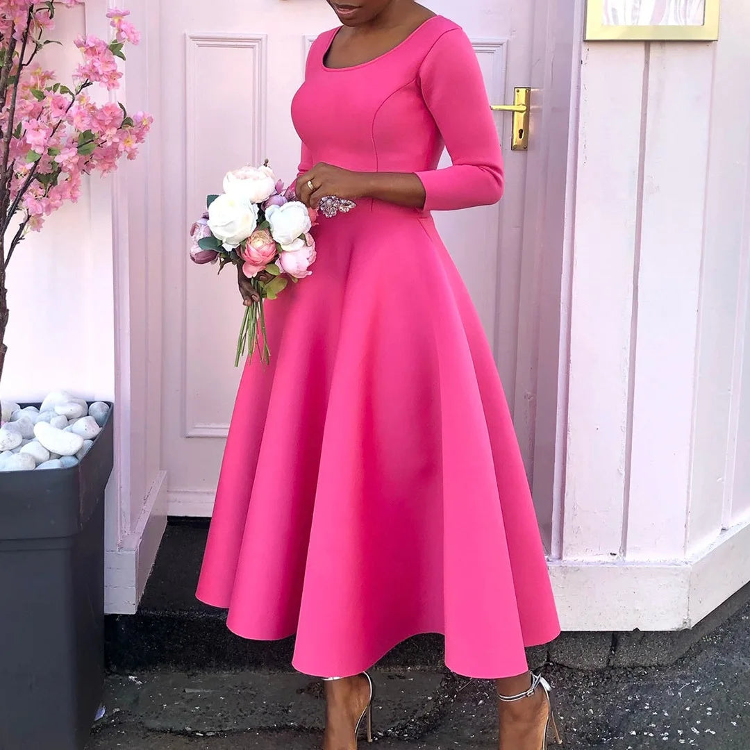 Elegant Pure Color Maxi Dress Evening Gown A- Line Skirt Polyester Fabric round Neck Short Sleeve High Waist Midi Dress