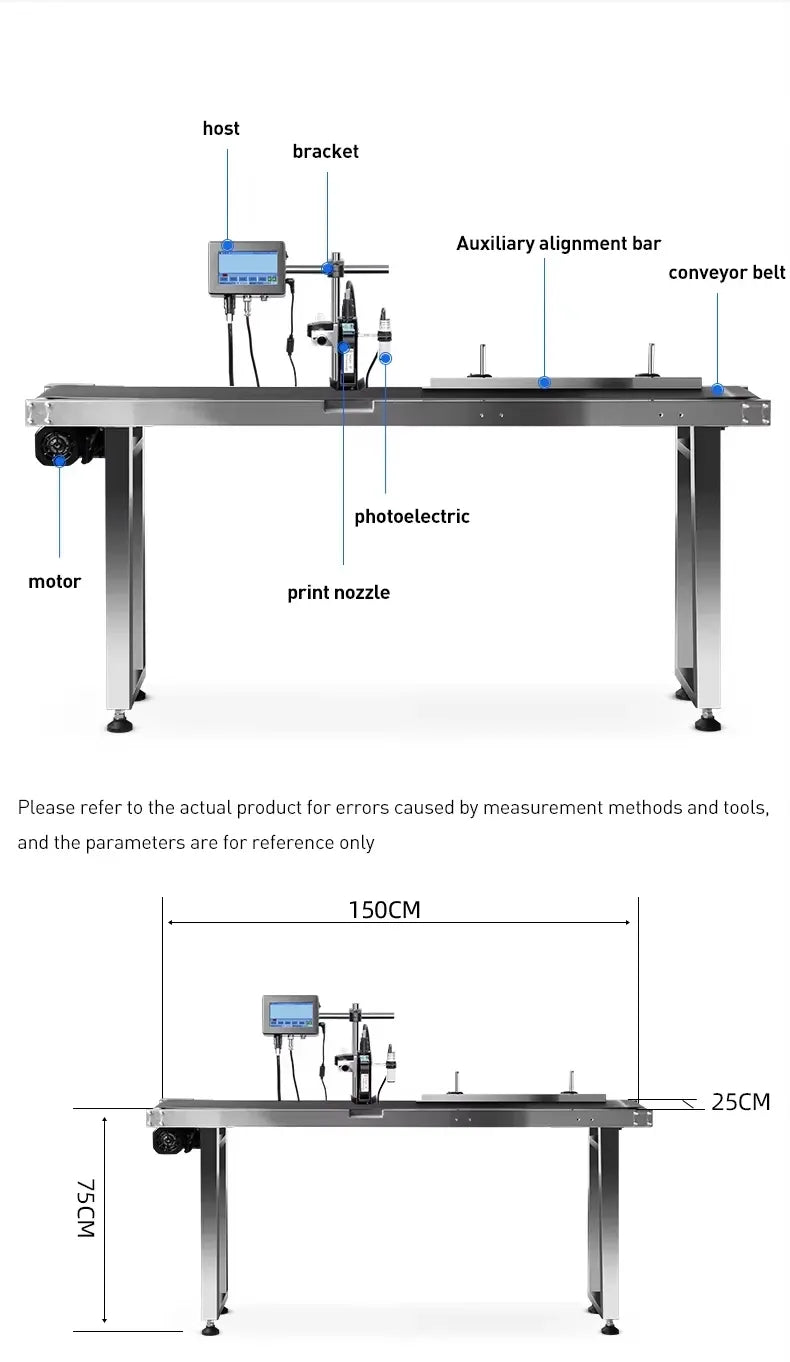 Electric inkjet coding machine with print head, alignment bar, and conveyor belt