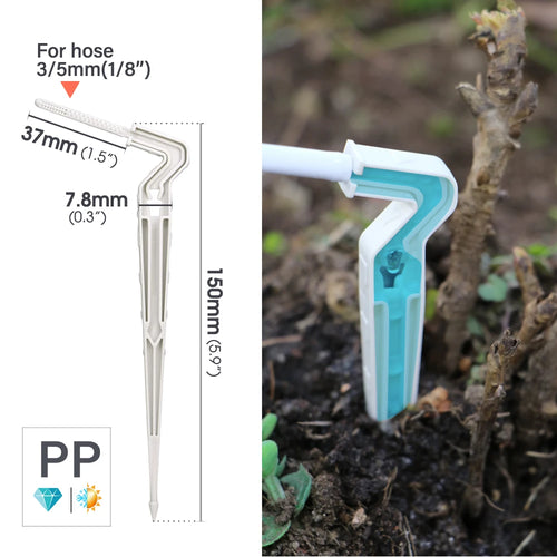 White drip stake system with 3/5mm hose connector and blue insert for soil watering