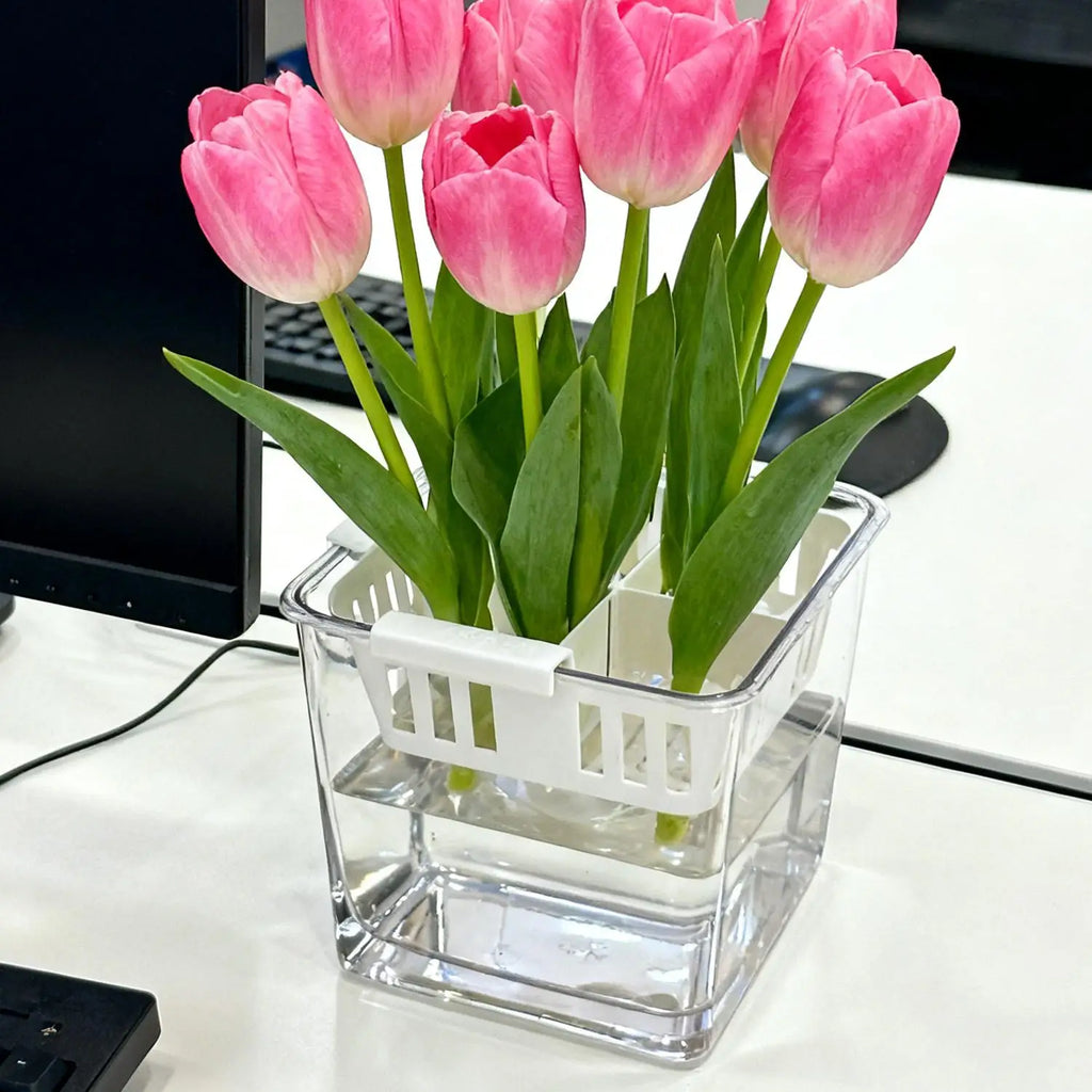 Clear acrylic hydroponic planter with white grid insert holding pink tulip stems