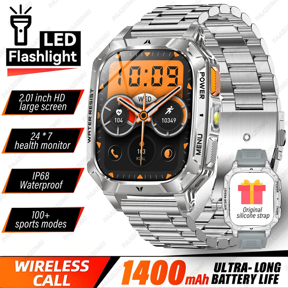 2026 New 1400mAh Big Battery Smart Watch Men Outdoor GPS Flashlight 10ATM Waterproof Bluetooth Call AMOLED HD Sports Smartwatch