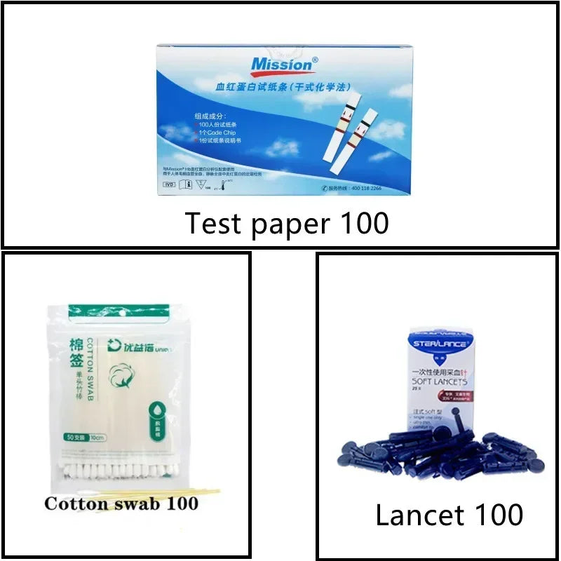 Mission Hemoglobin analyzer kit with 100 Hb test strips, medical cotton swabs, and blue disposable safety lancets.