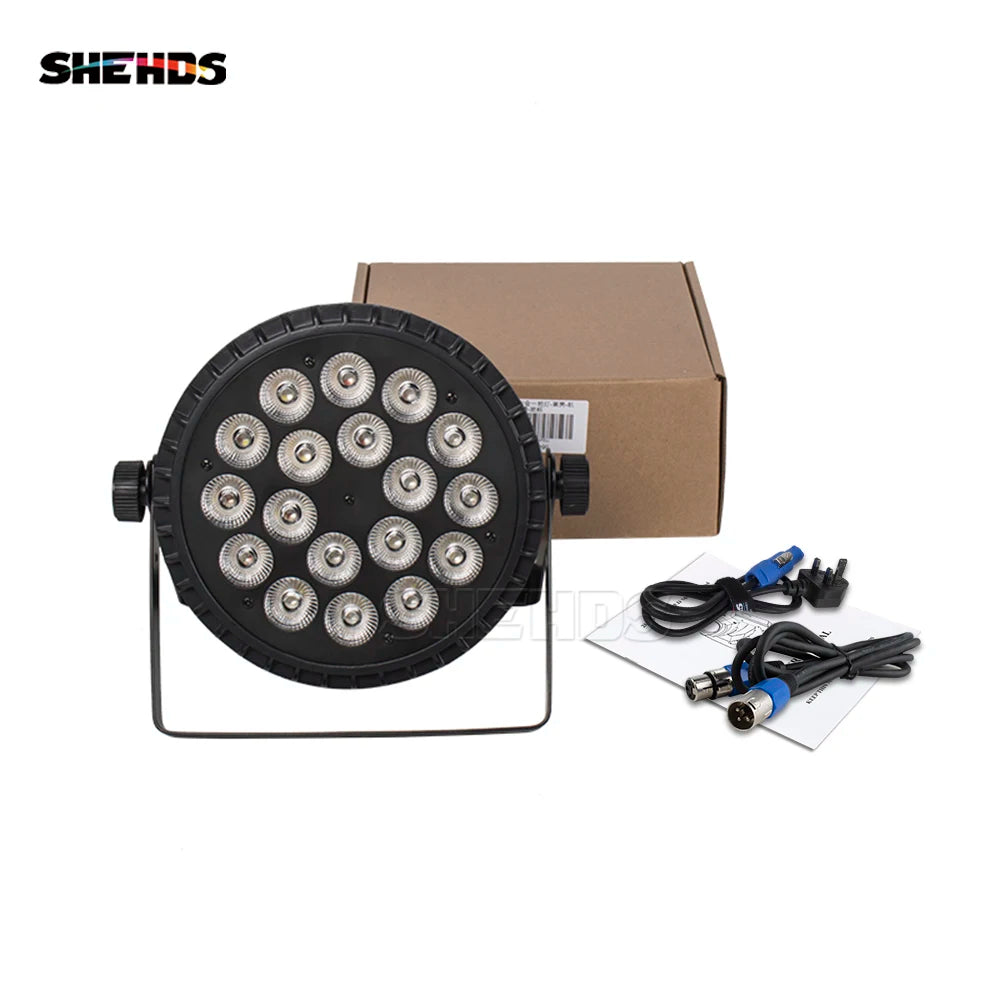 LED flat par stage light kit with black housing, lens array, cables, and cardboard box