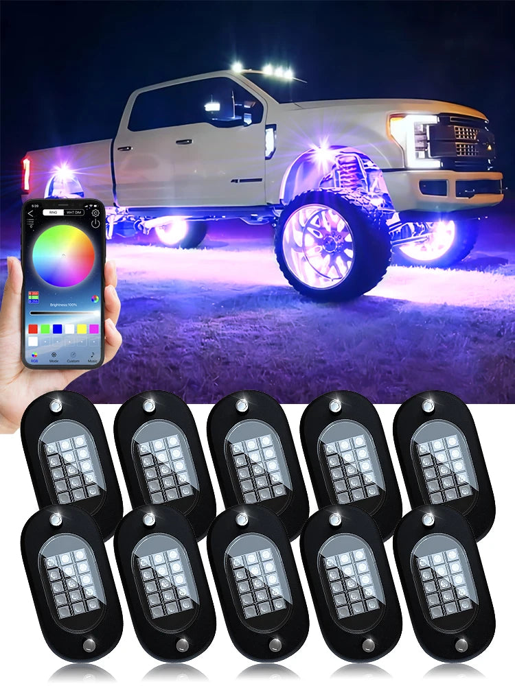RGB LED Rock Lights for Trucks - App Controlled Neon Underglow Kit 10 pods Tidesmit