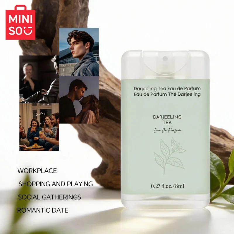 MINISO Darjeeling Tea EDP for men: 8ml portable woody fragrance in a sleek, rectangular glass spray bottle.