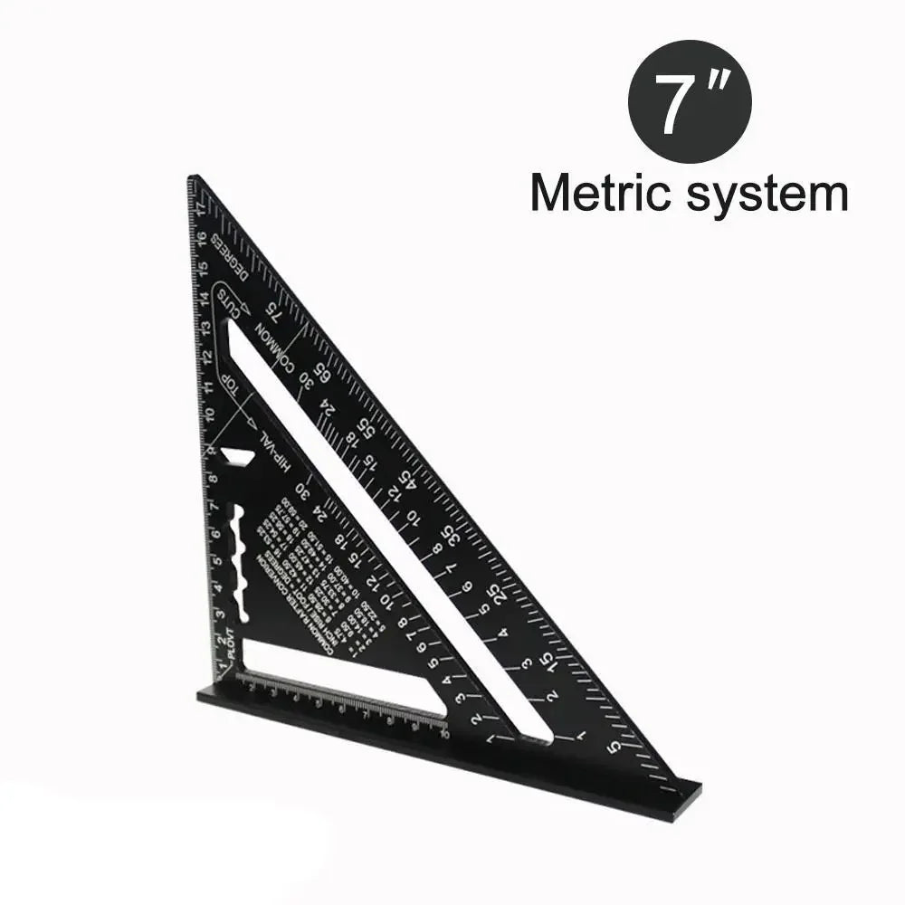 Black 7-inch triangular speed square measuring ruler with metric markings
