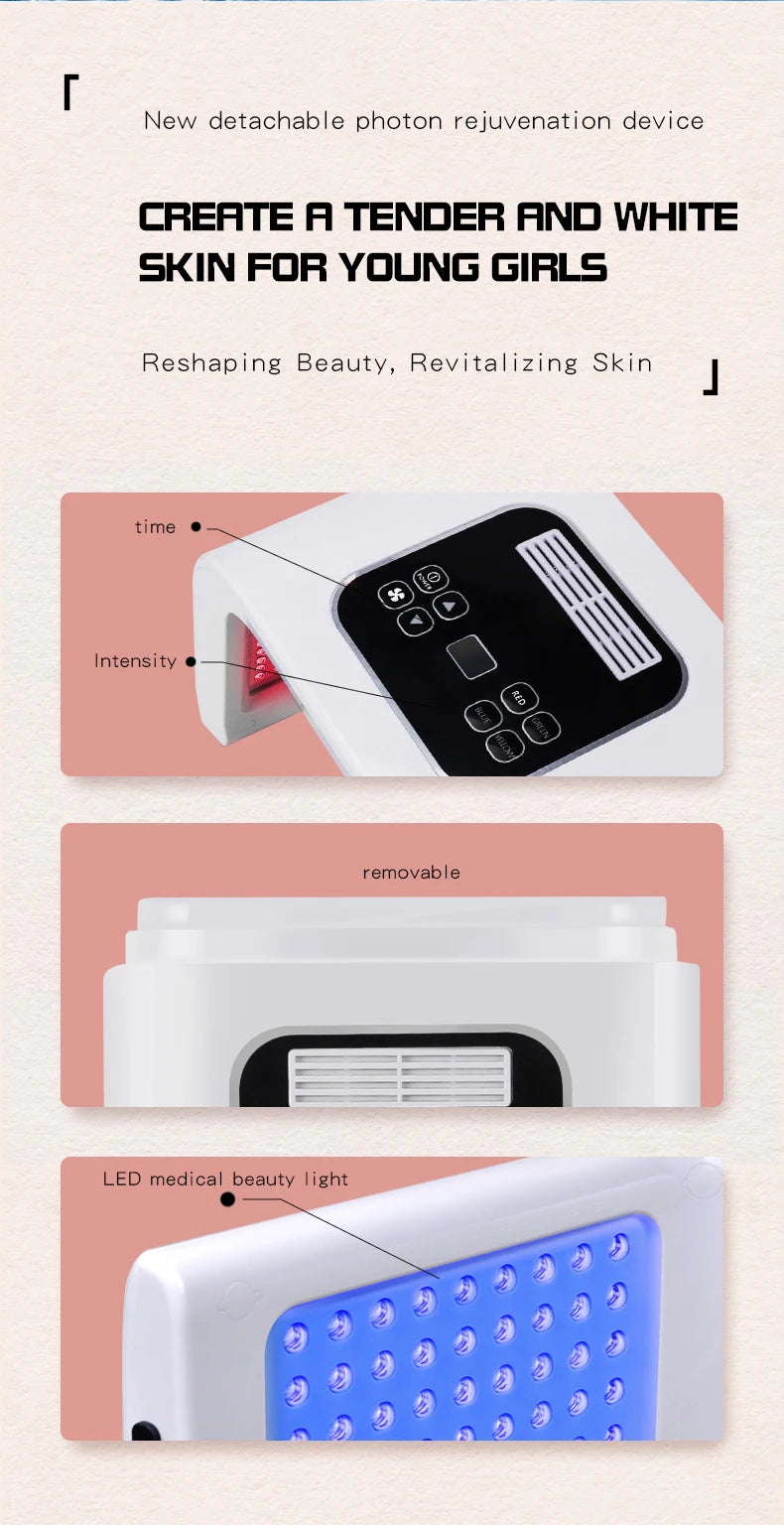 White, arched LED photon rejuvenation device with control panel, detachable base, and multi-colored light therapy.