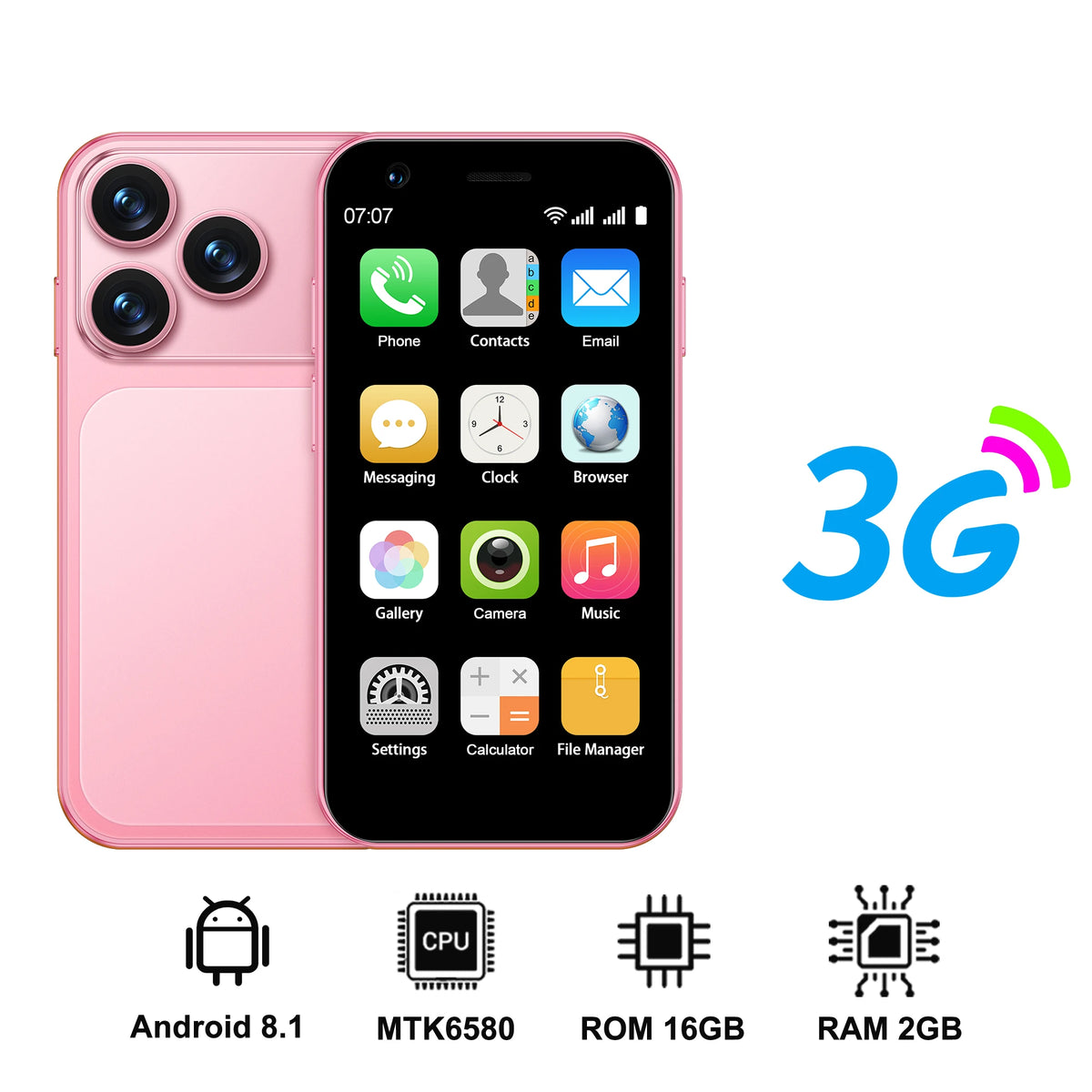 Pink smartphone with dual rear cameras, Android app screen with 3G branding