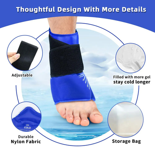 This image does not feature CPAP equipment; it is an adjustable blue gel ice pack wrap for ankle cold therapy.