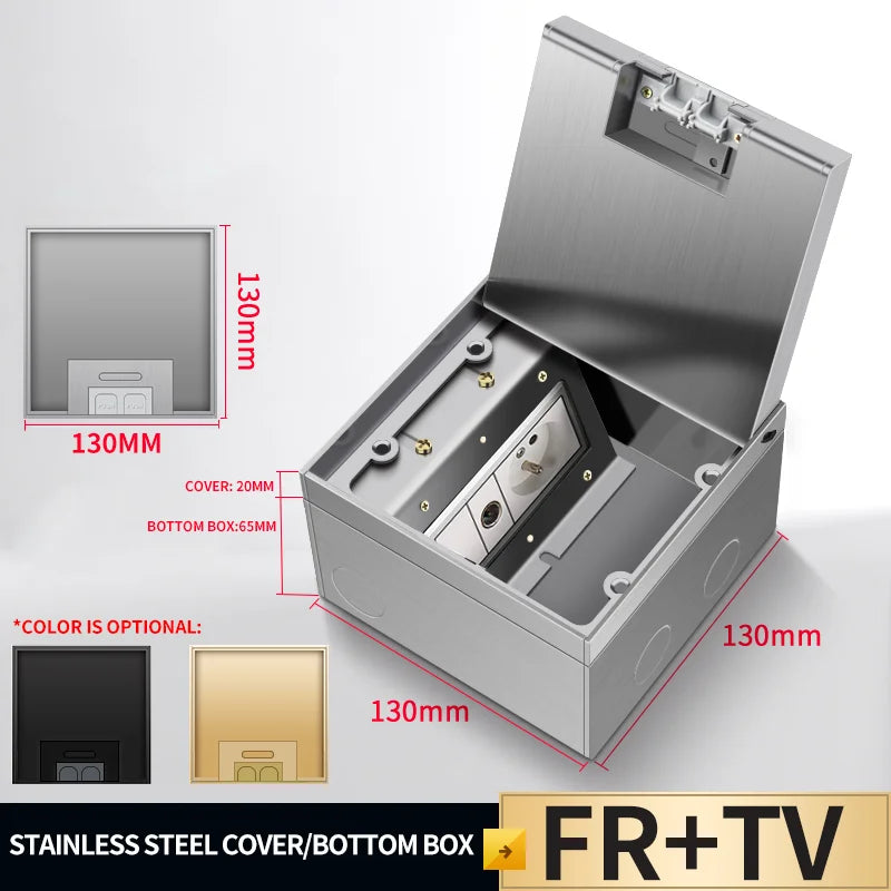 Recessed stainless steel floor socket box with open cover, FR TV