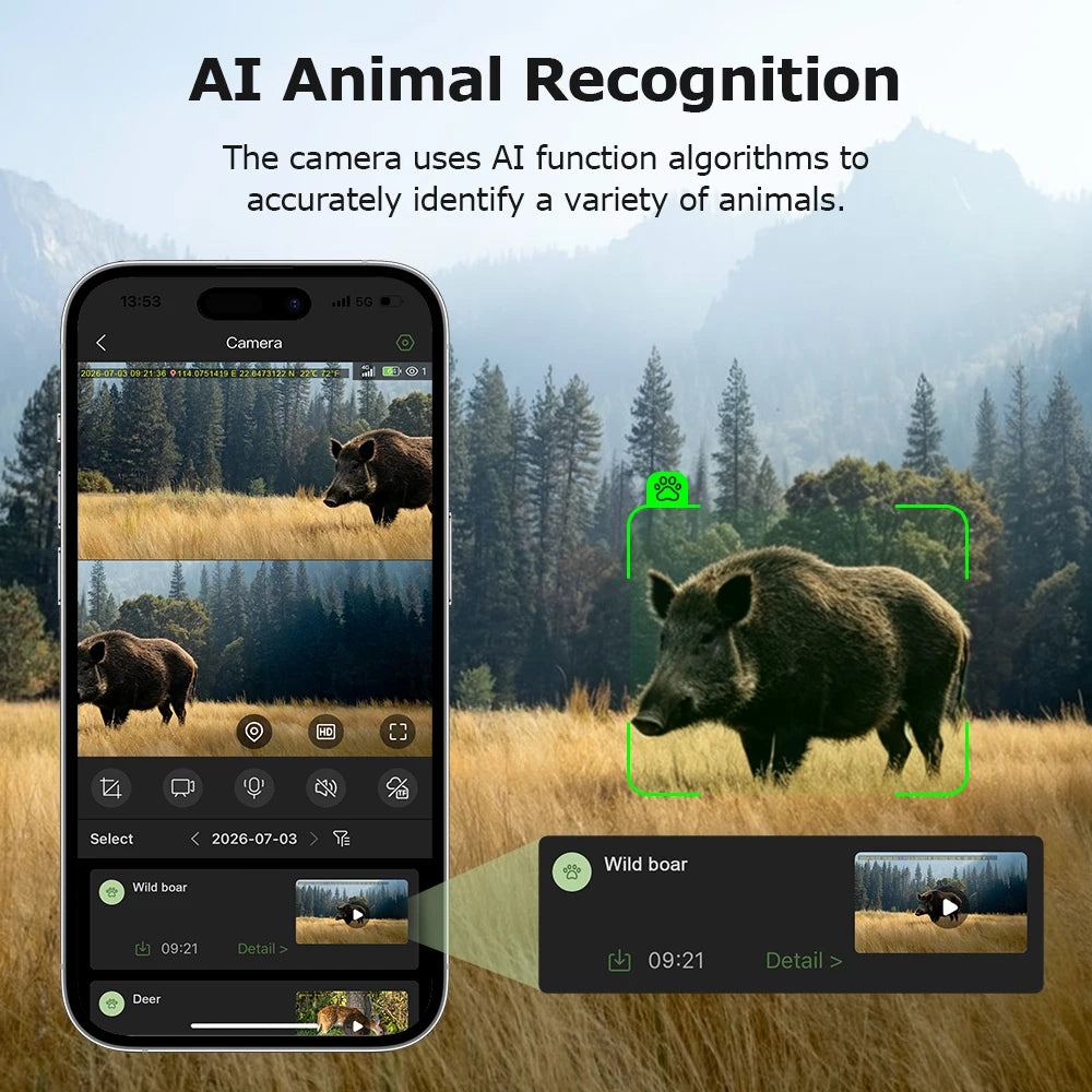 INQMEGA 24MP Dual Lens Solar 4G GPS Hunting Trail Camera AI PIR 180° Wide Angle Night Vision IP66 Outdoor Wildlife Camouflage