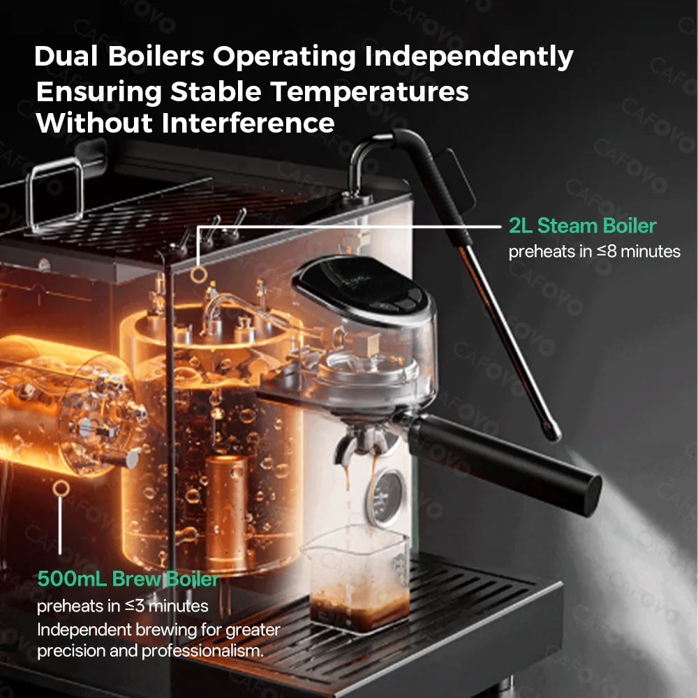 Cafovo dual-boiler espresso machine with 2L steam and 500ml brew boilers for professional coffee brewing.