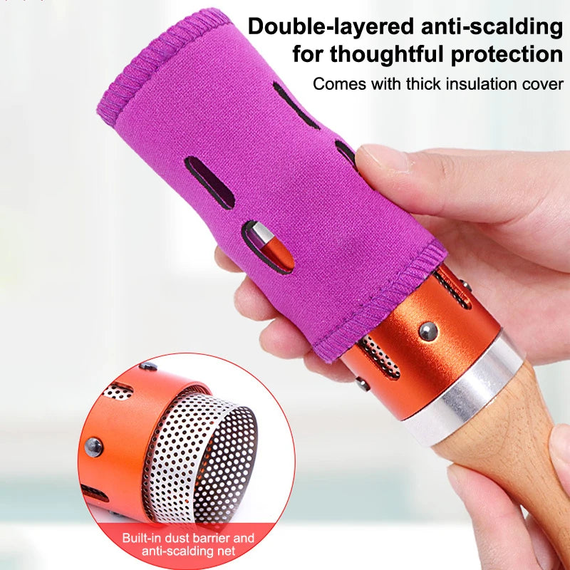 Handheld hot compress facial moxibustion device with purple anti-scalding cover and protective metal mesh net.