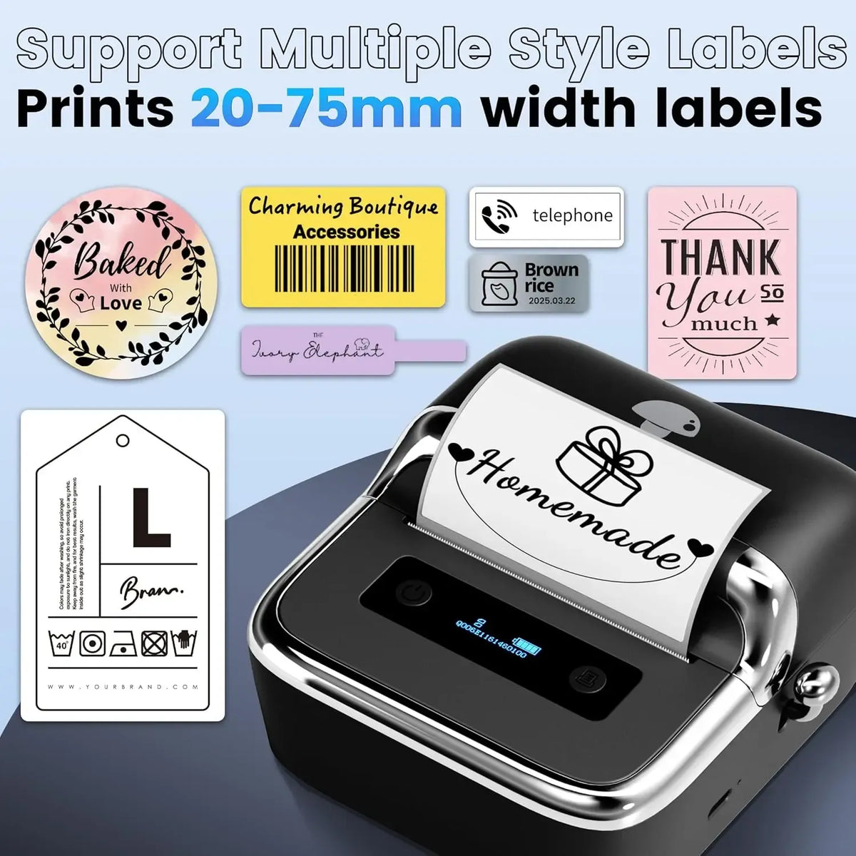 Thermal label printer output showing a decorative heart label over a blank sheet