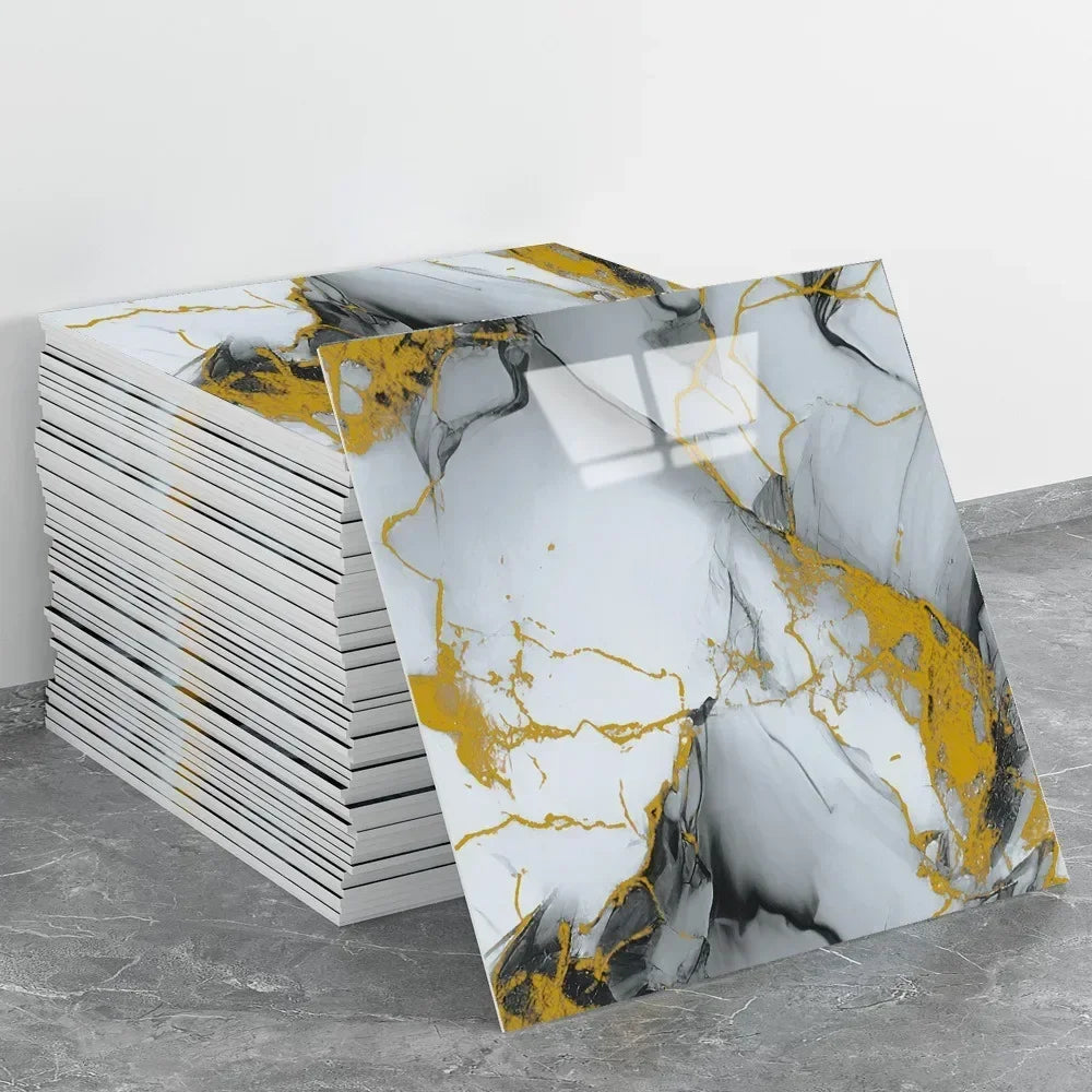 Marble peel-and-stick backsplash wall panel sheets with blue-gray stone look and gold specks