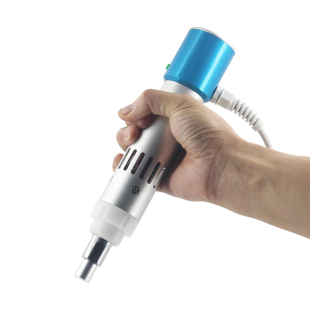 Handheld shockwave therapy machine for physiotherapy and muscle pain relief with blue and silver ergonomic design.