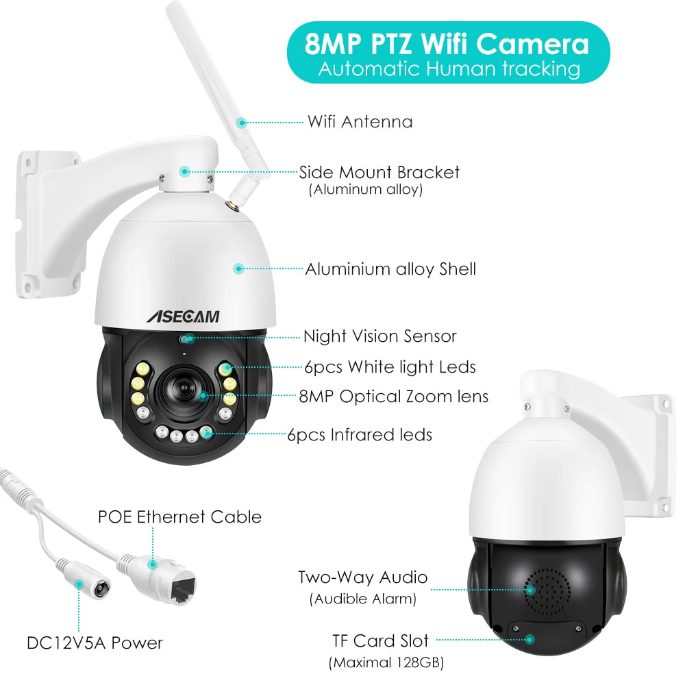 8MP 4K IP Camera Wifi 30X Optical Zoom PTZ CCTV Outdoor AI Human Vehicle Tracking Audio Onvif POE Surveillance Camera
