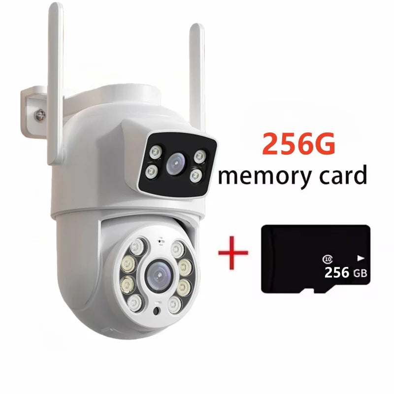 White PTZ WiFi security camera with dual antennas, includes 256GB memory card