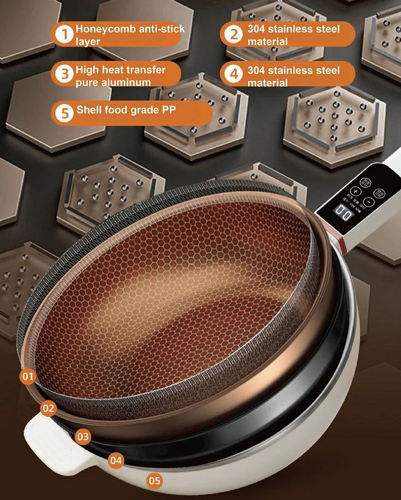 Electric cooking pot interior with honeycomb nonstick surface and visible control panel