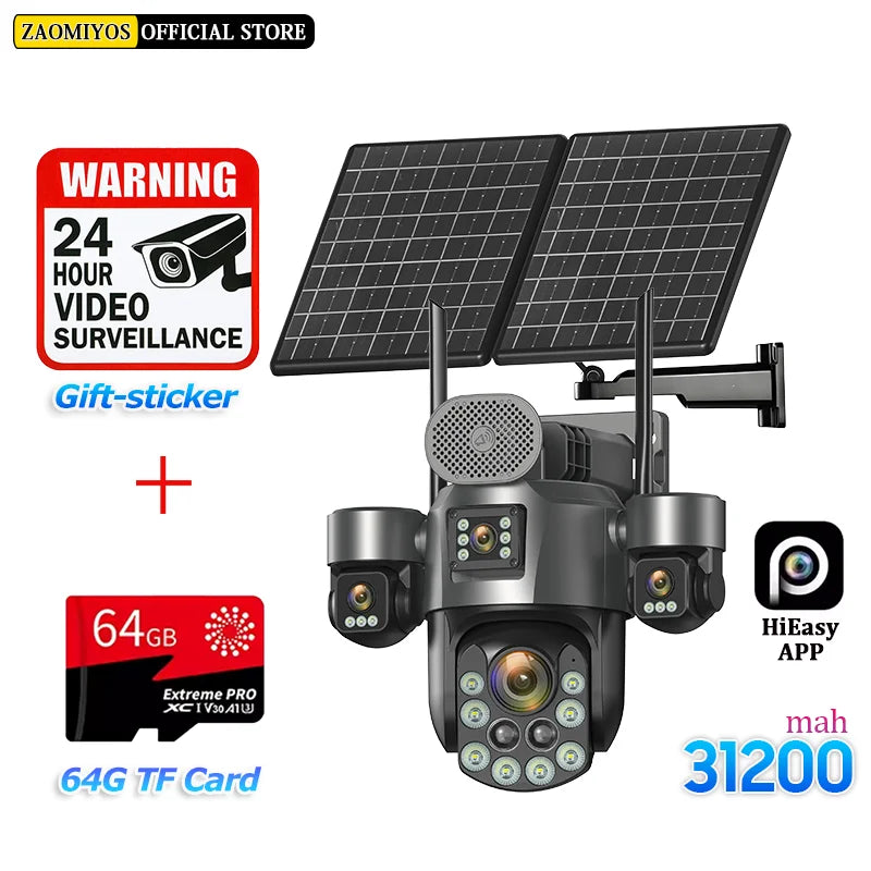 60X Optical Zoom Home Surveillance Solar Cameras 4G Security Protection Auto Track  24/7 Record 4 Screen/4 Lens CCTV PTZ Camera