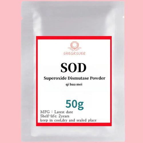 Anti-aging SOD Superoxide Dismutase powder supplement in a 50g silver sealed pouch.