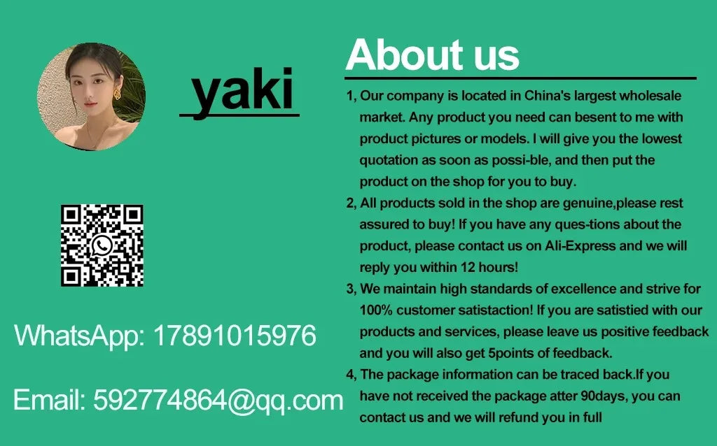 Promotional contact card with About us heading, WhatsApp and email information