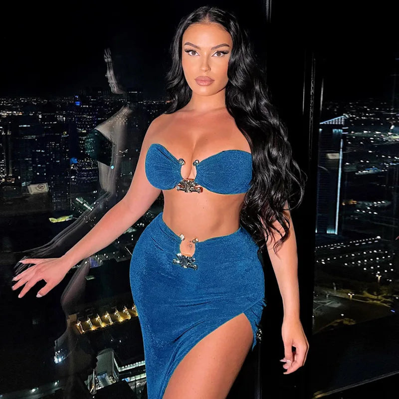 Velvet Sexy Strapless Crop Tube Top High Waist Slit Maxi Dress 2 Pcs Suits 2024 Fall Women Fashion Streetwear Vestido