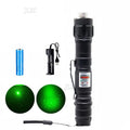 Adjustable green laser pointer for cats with 5 pattern caps, rechargeable battery, and charger for active pet play.
