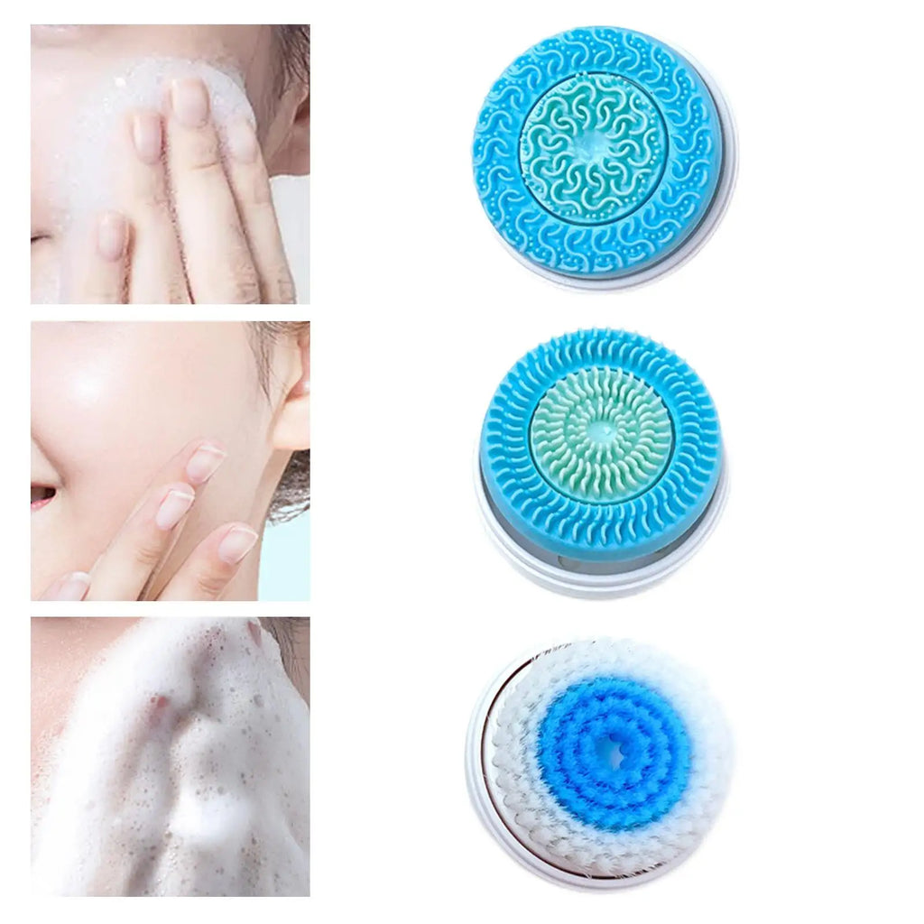 Three circular facial cleansing brush heads: two blue silicone styles and one soft white bristle brush with blue center.