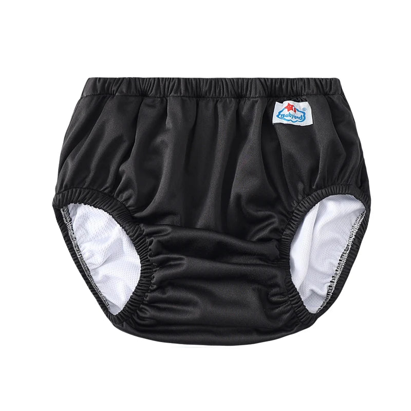 Babyland black waterproof reusable baby swim diaper with white lining.