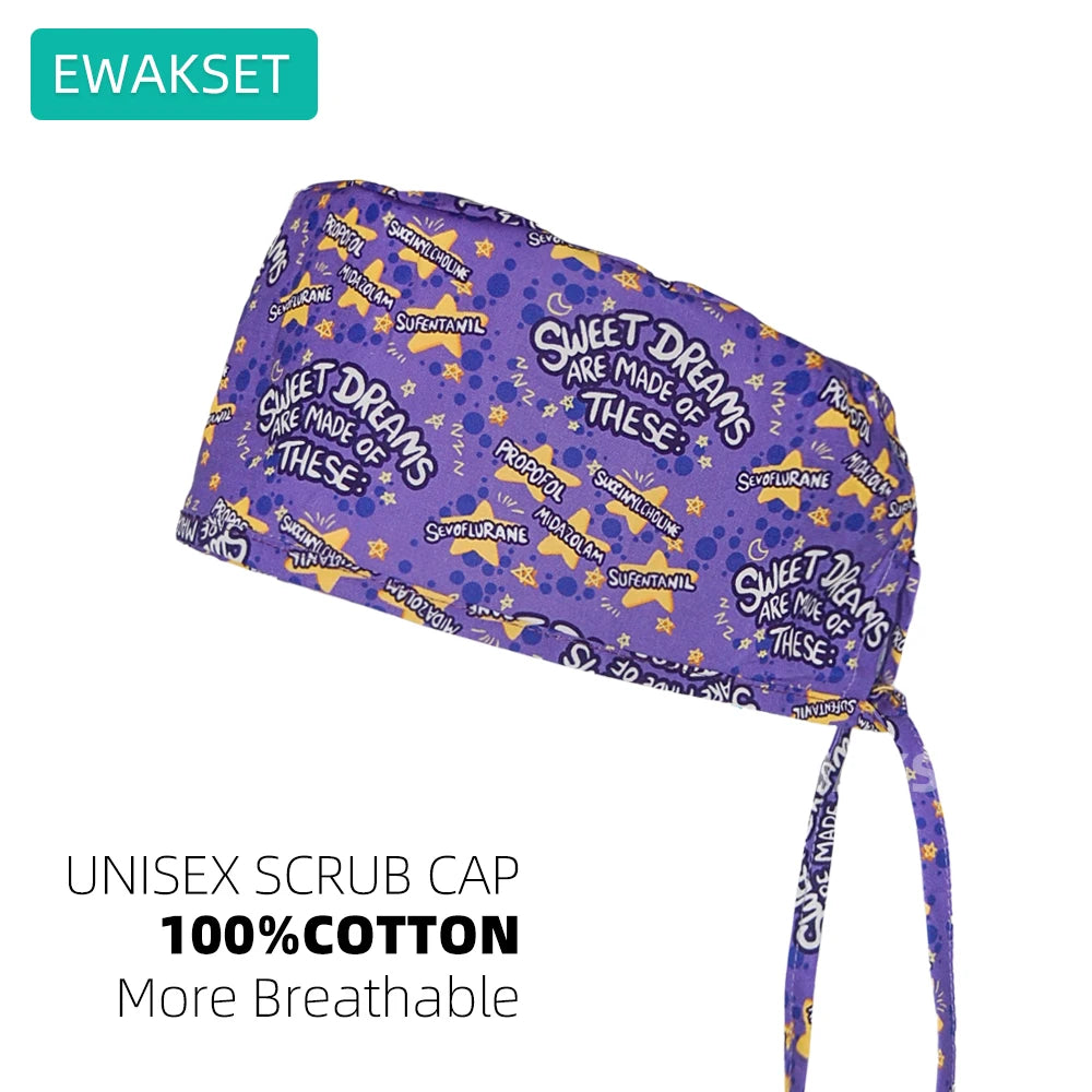 Purple cotton unisex scrub cap with sweatband for vet, medical, and dental professionals. Adjustable surgical hat.