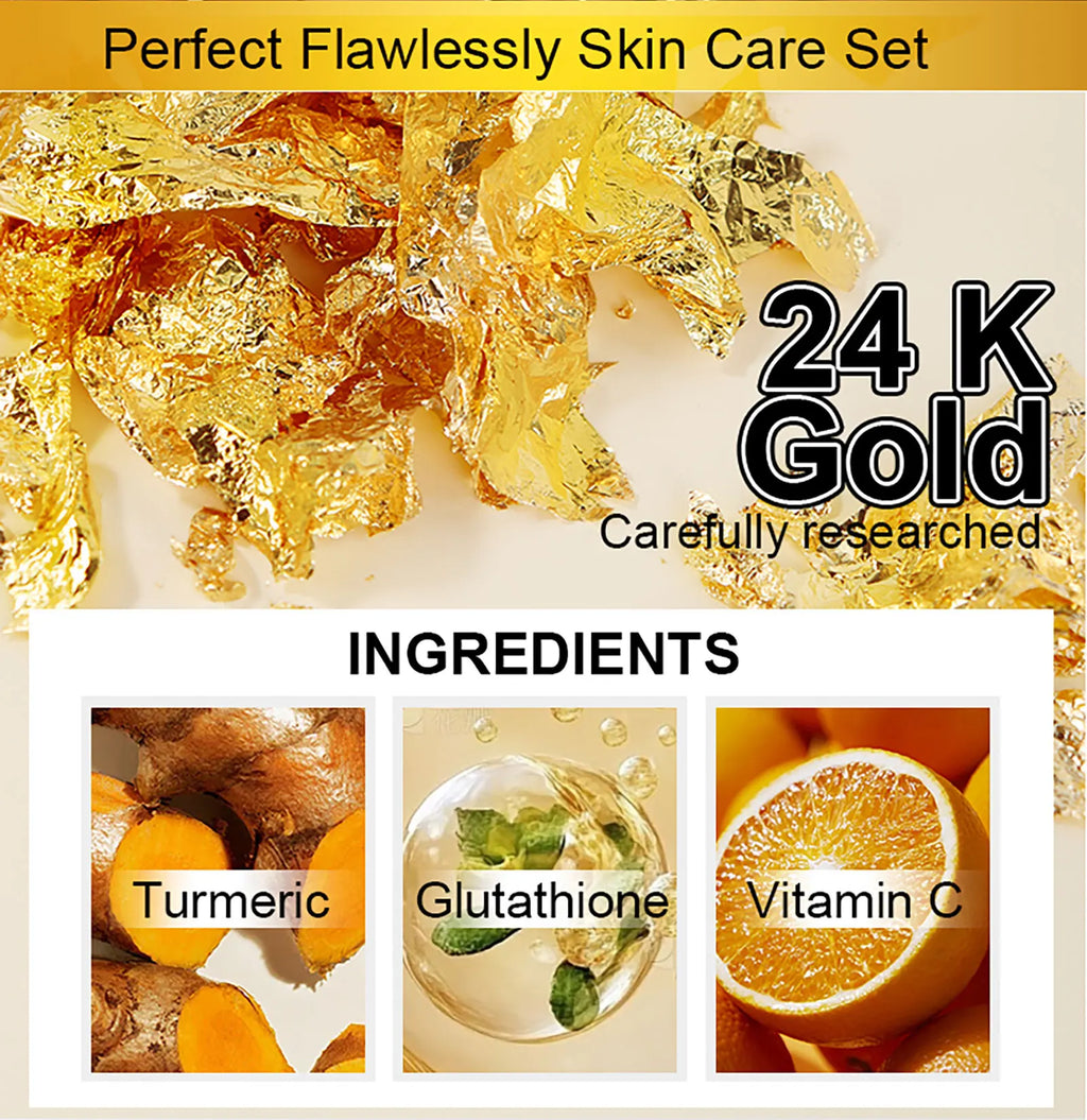 AILKE 24k Gold Flawlessly Whitening Skin Care Set For All Skin Type, Moisturizer, Reduce Black Spots, Smoothing, Brightening