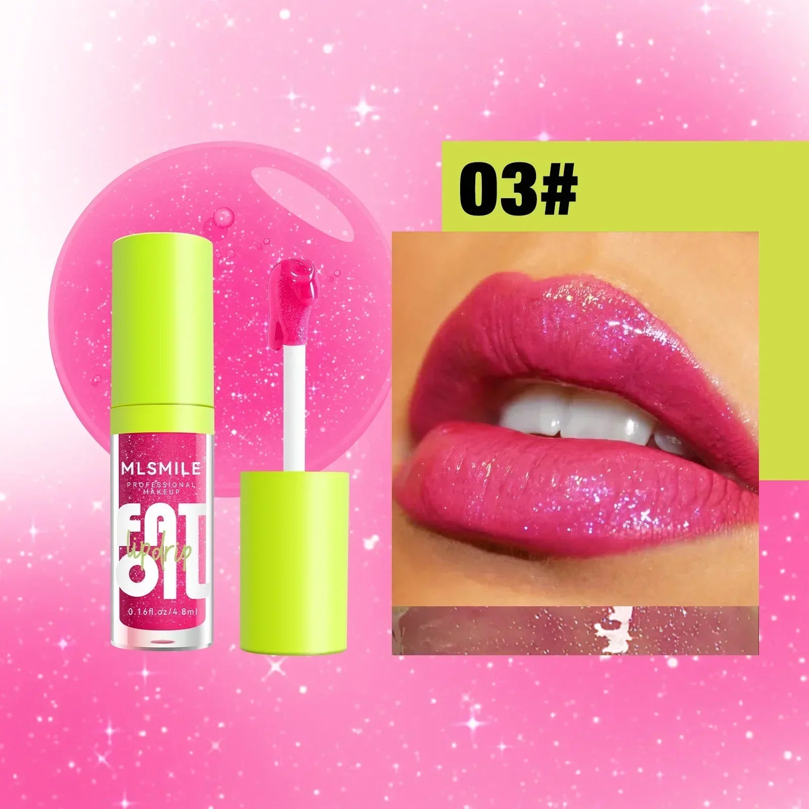 MLSMILE moisturizing glitter lip plumper in 03# shade, featuring high-shine pink liquid lipstick with sparkling finish.