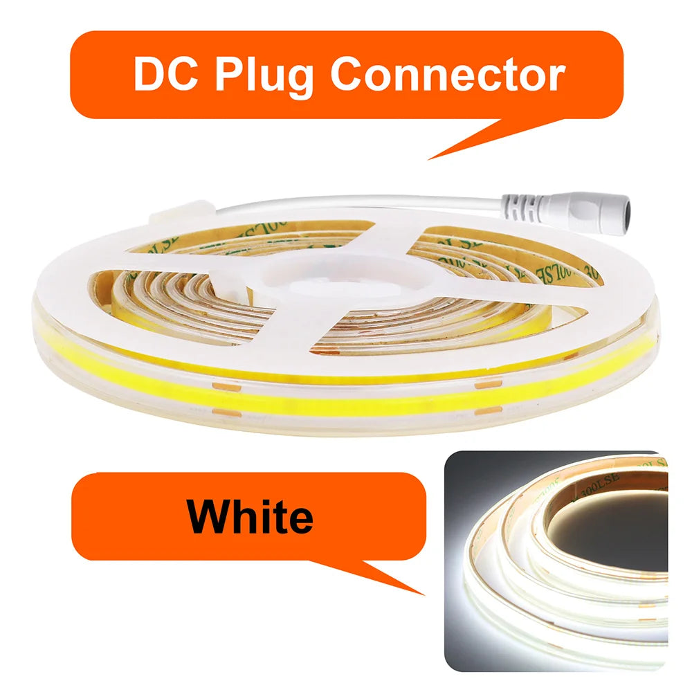 COB LED strip light with DC plug connector and white glow