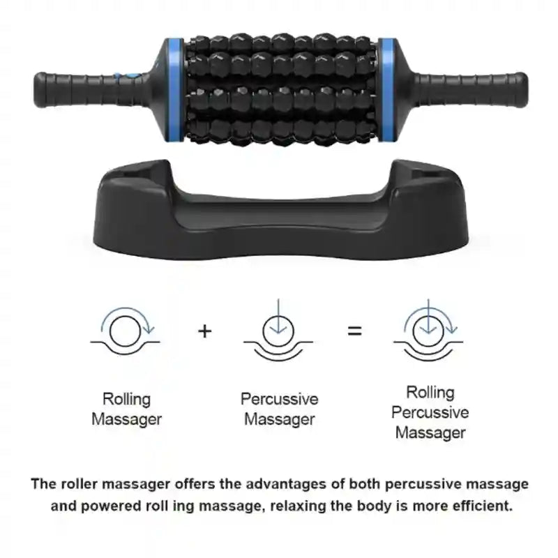 Black cordless muscle massager with a textured rolling drum, handles, and a base, shown with an explanatory diagram.