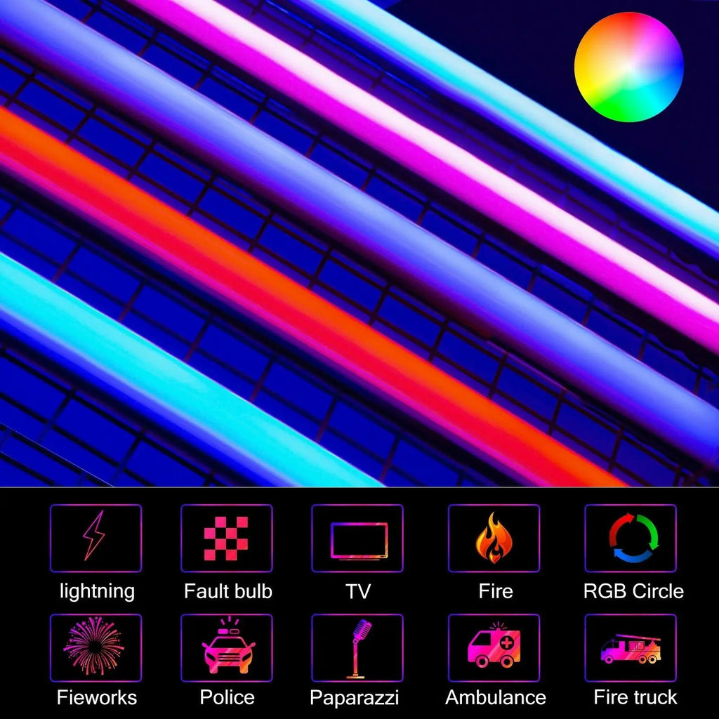 RGB LED light wand showing multiple colors with a grid of lighting effect icons for photography and video production.